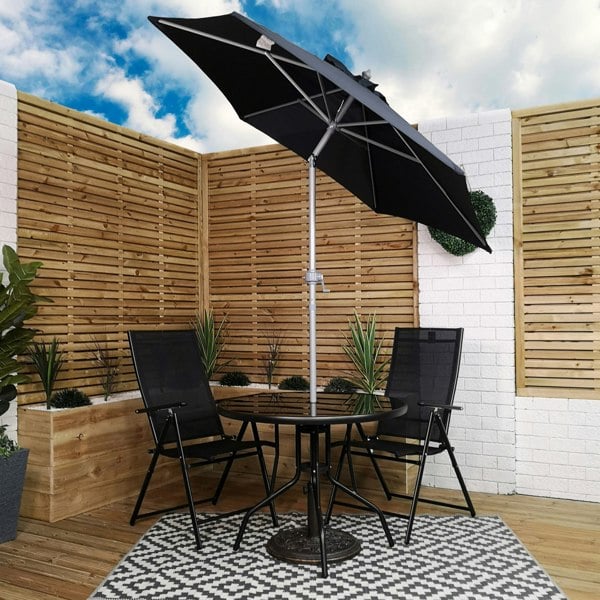 Samuel Alexander Outdoor 2 Person Round Glass Top Garden Patio Dining Table Chairs Black Parasol and Base Set