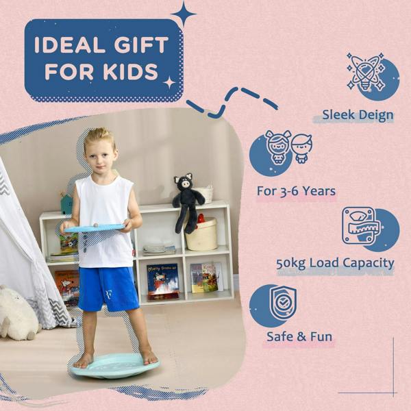 Kids blue balance board for ages 3–6, standing on the wobble surface