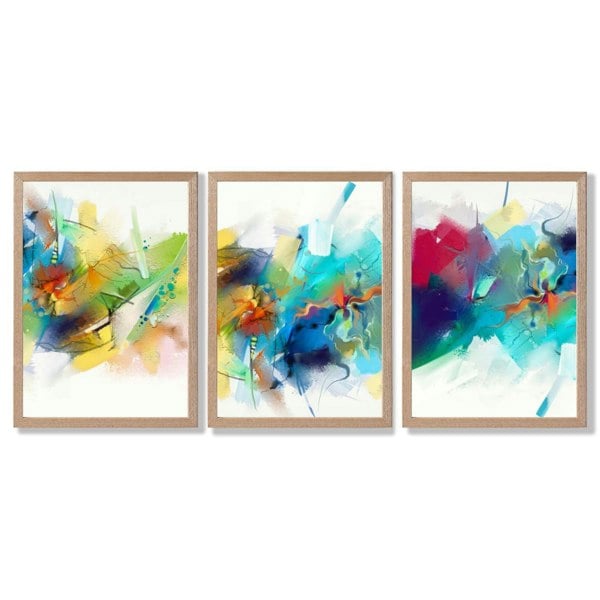 Artze Wall Art Set of 3 Abstract Multicolour Blue Pink Framed Wall Art Prints