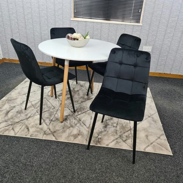 Kosy Koala Dining Table and 4 Chairs  White Round Wood Table 4 Black Velvet Chairs Dining Room Furniture