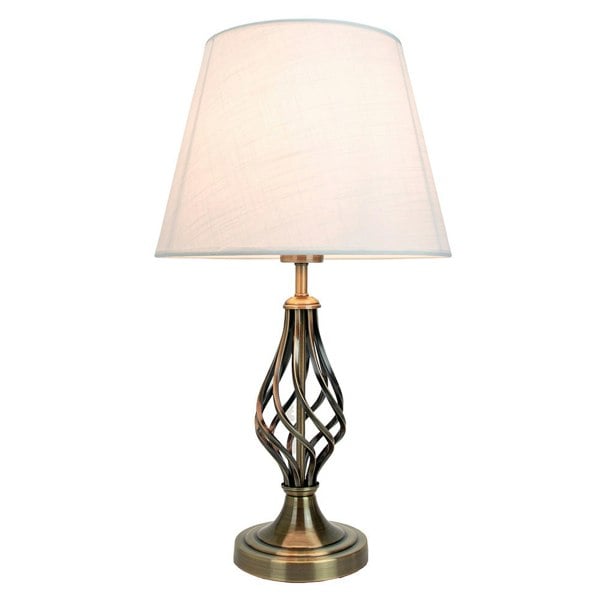 Traditional Antique Brass Table Lamp with Barley Twist Base and Linen Shade Image 1