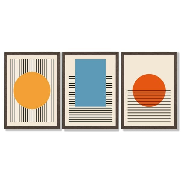 Set of 3 Geometric Yellow Blue Red Framed Art Prints with Dark Wood Frames