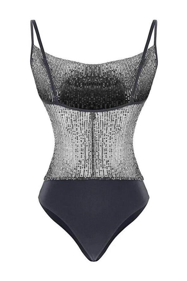 WOVCOR Sequin Knit Bodysuit with Cowl Neck Straps