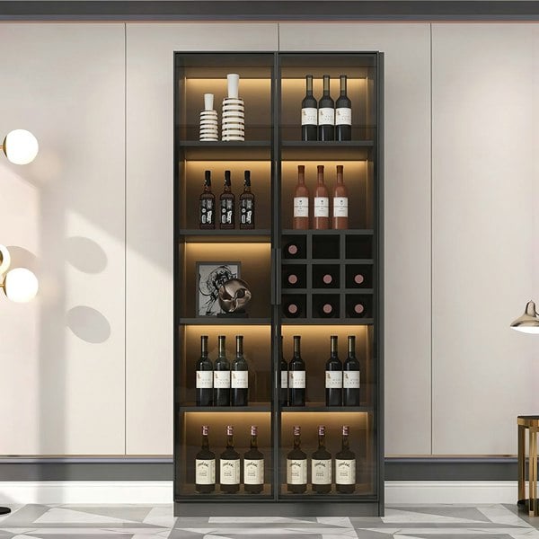 Detail view of Hampshire I Wine Cabinet, Wine Storage With Glass Doors & Lights with metal cabinet