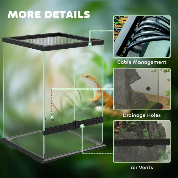 Black glass reptile terrarium with top mesh lid, cable routing, vents, and drainage holes