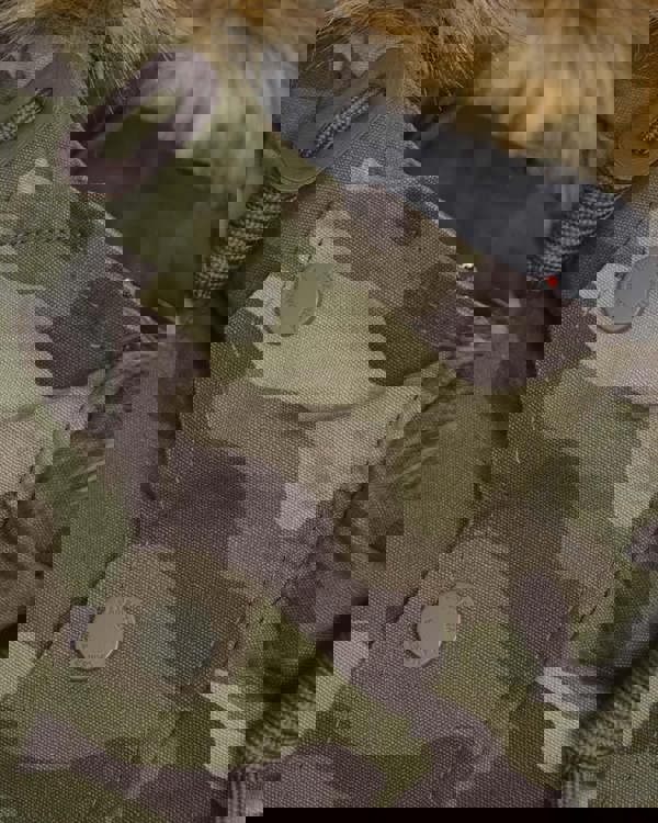 Lambretta Mens/Womens Carnaby Scooter Hooded Classic Mod Ska Badge Parka, close-up of the camouflage fabric and button details.