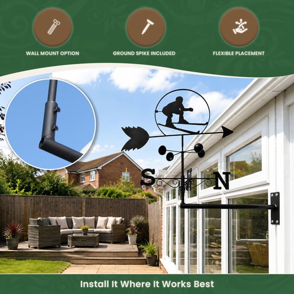 Skier Weathervane, All-Steel Black Painted Weather Vane With Wall Fixings and Ground Spike, Quick Self-Assembly