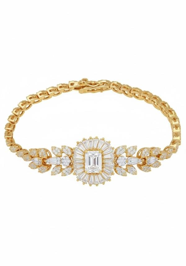 18k gold plated floral bracelet with a moissanite centerpiece and simulated diamonds.