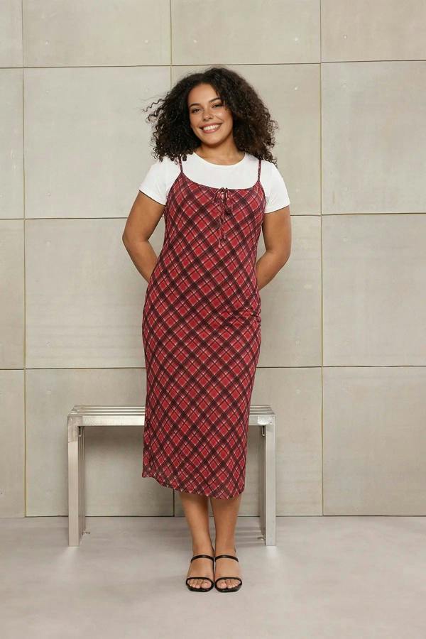 WOVCOR Tie Detail Plaid Tulle Maxi Stretch Knit Plus Size Dress