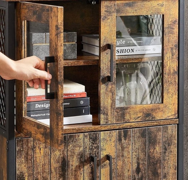 Modcraft Industrial Storage Cabinet with Glass Doors & Adjustable Shelf – Rustic Brown & Black