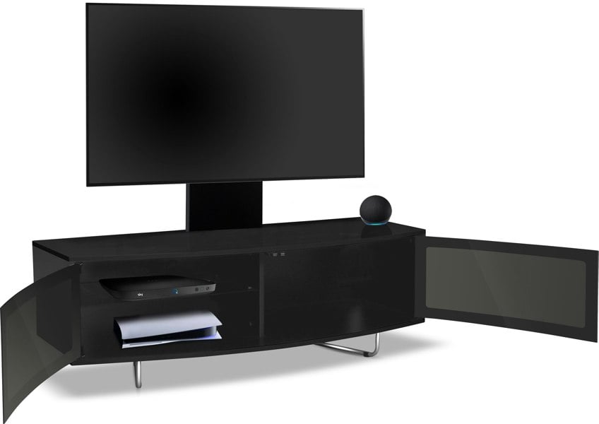 Centurion Supports Caru Gloss Black Beam-Thru Remote Friendly Super-Contemporary "D" Shape Design 32"-65" LED/OLED/LCD TV Cabinet with Mounting Arm