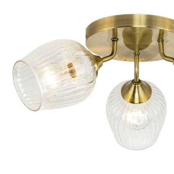 Happy Homewares Modern Chic Antique Brass Ceiling Light with Clear Ribbed Glass Shades