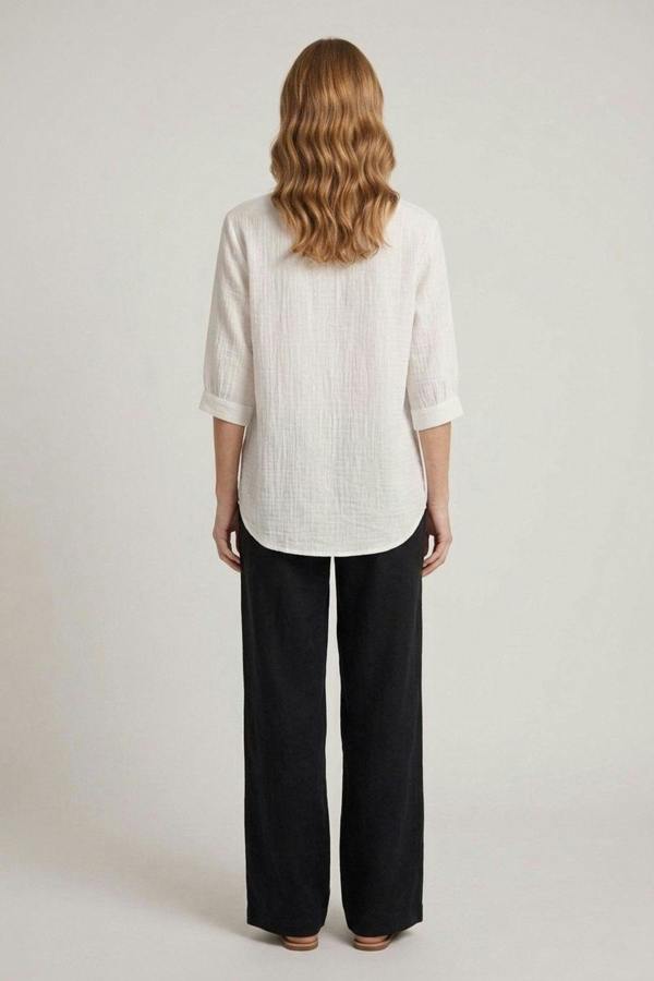 White | Relaxed Collarless 3/4 Sleeve Shirt
