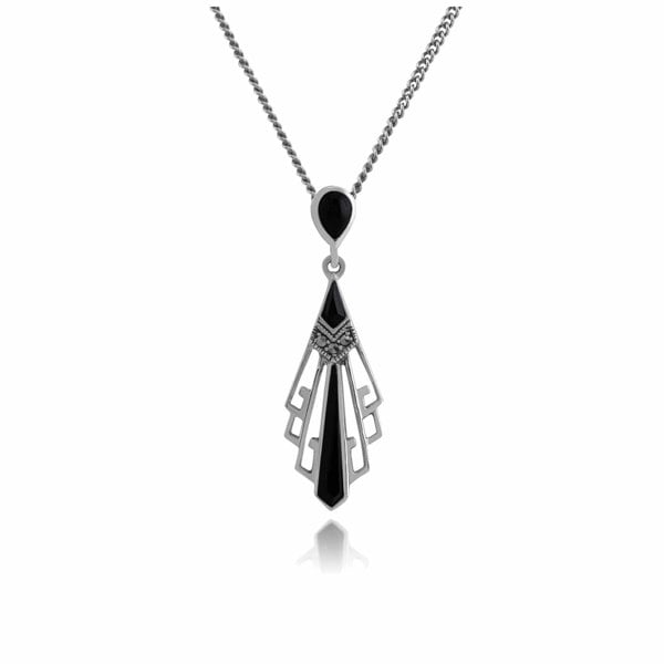 214P295701925 Art Deco Style Black Onyx & Marcasite Open Work Fan Drop Necklace in 925 Sterling Silver 1