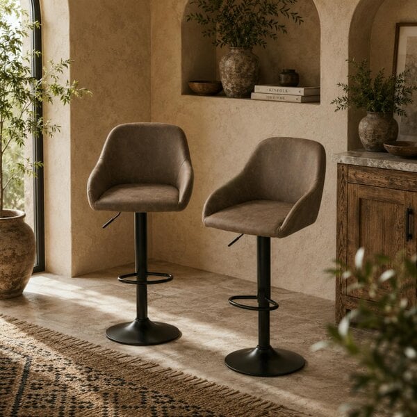 Wyld Haus Fadota Set Of 2 Dark Brown Faux Leather Adjustable Bar Chairs With Armrests