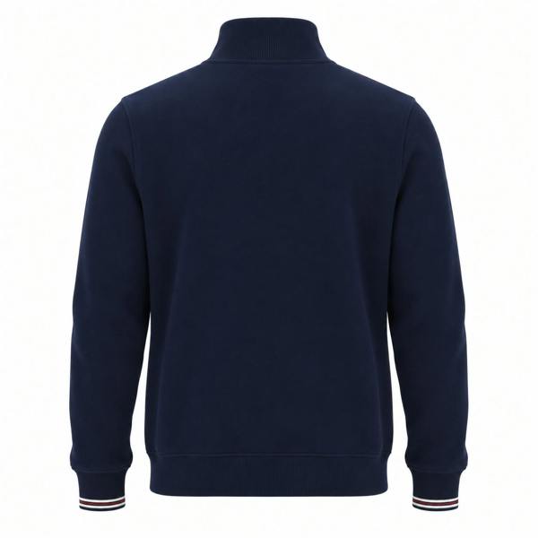 Back view of a Fila navy blue 1/4 zip sweatshirt with a ribbed high collar and striped cuffs.