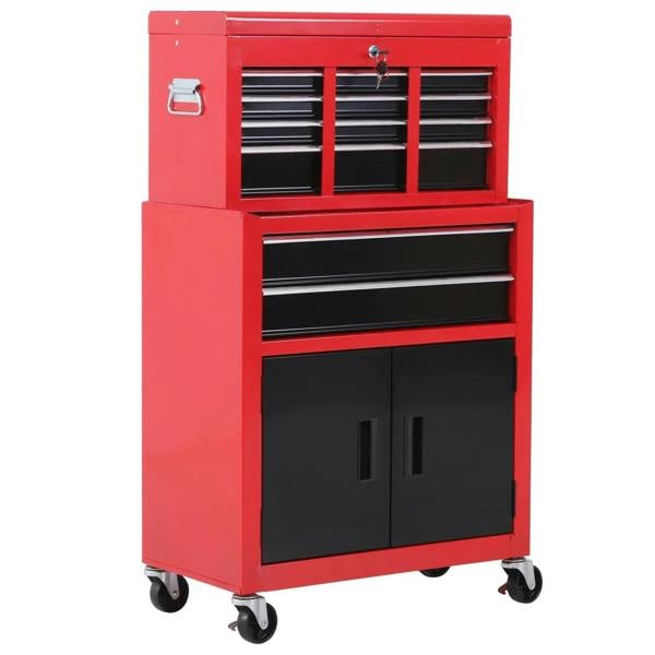 Red metal tool cabinet on wheels with black drawer bays and lower cabinet doors