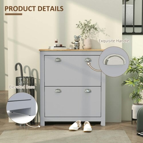 Wyld Haus Kamcha Grey and Natural Wood Narrow Shoe Cabinet With 2 Flip Drawers For 6 To 12 Pairs
