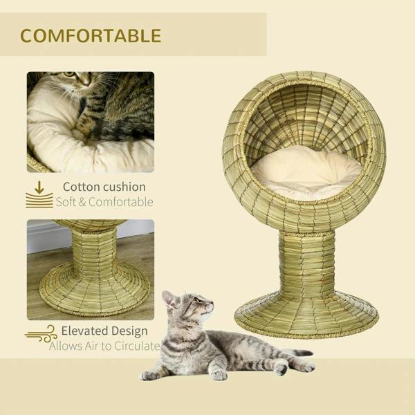 Comfortable natural yellow woven cat bed with circular tunnel and soft cream cushion