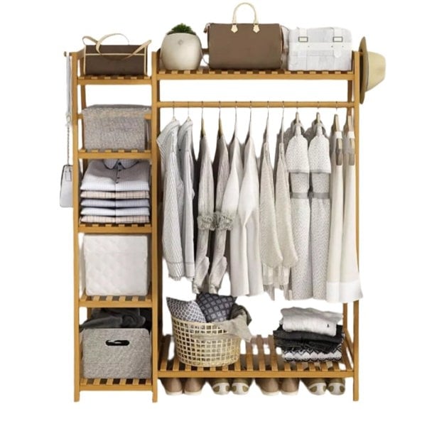 Modcraft Bamboo Clothes Storage Rack with Shelves and Hanging Rail, Freestanding Garment Organizer