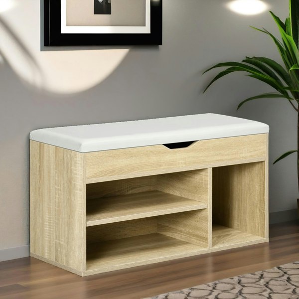 Rafaelo Mobilia Industrial Shoe Storage Bench With Cushion Seat Oak