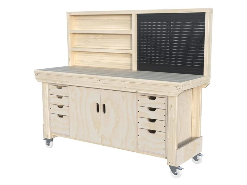 Acorn Heavy-Duty Cupboard Workbench (V.4) – Sturdy Wooden Workbench with Two-Door Cupboard in the middle, Multiple Drawers, and Optional Back Panel or Pegboard, Ideal for Garages, Workshops, and Sheds