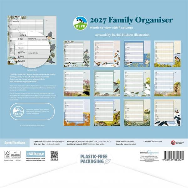 RSPB, Illustrated Household Organiser 2027, Family Planners, Month To View, Animals, Gift