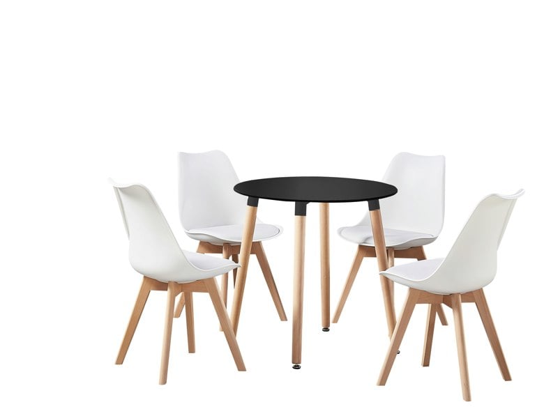 Life Interiors 5PCs Dining Set - a Black Round Dining Table & Set of 4 White Lorenzo Tulip chairs with Padded Seat