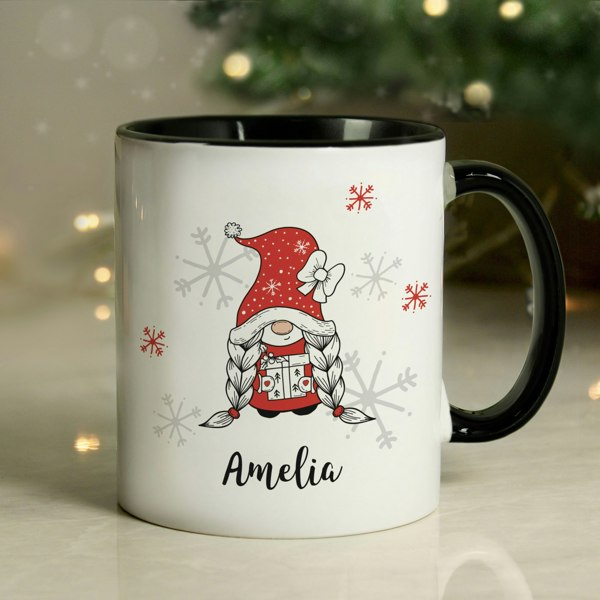 Personalised Memento Company Personalised Gonk Family Black Handled Christmas Mug - Girl