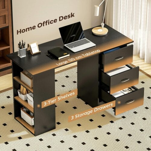 Wyld Haus Tonosa 120cm Wooden Black Study Desk With 3 Shelves And 3 Drawers