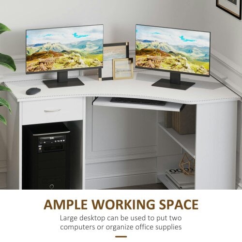 Wyld Haus Bavise 120cm Wooden White L Shaped Corner Desk With Keyboard Tray Drawers