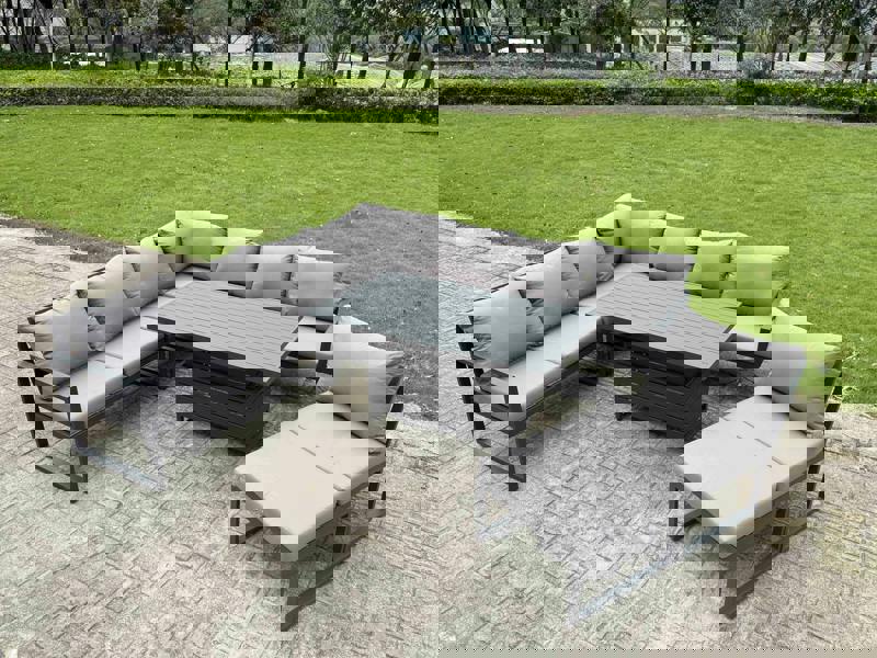 Fimous 7 Seater Aluminium Garden Furniture Set with Adjustable Rising Dining Table, Footstool - Dark Grey