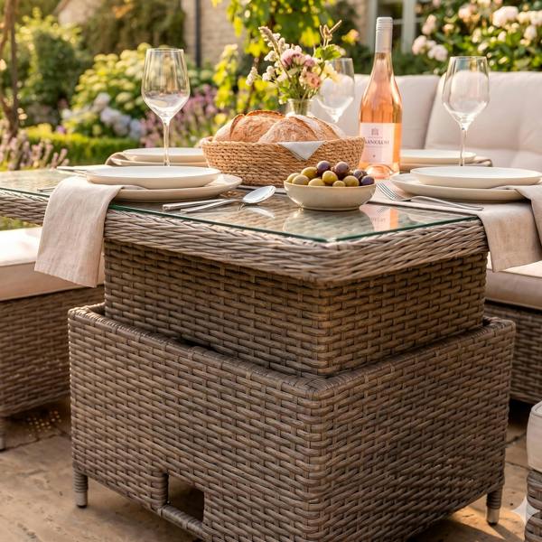 Dellonda Chester Rattan Wicker Adjustable Outdoor Dining Table, Brown - DG73