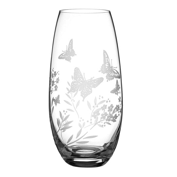 barrel vase with etched butterflys