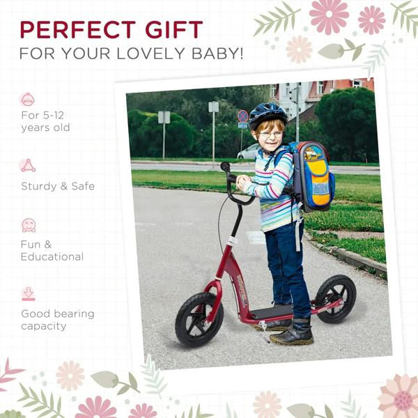 Red kids kick scooter with black deck and handlebar, plus large front and rear wheels