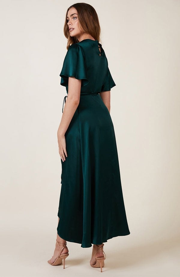 Rewritten London Florence Waterfall Dress in Forest Green Satin
