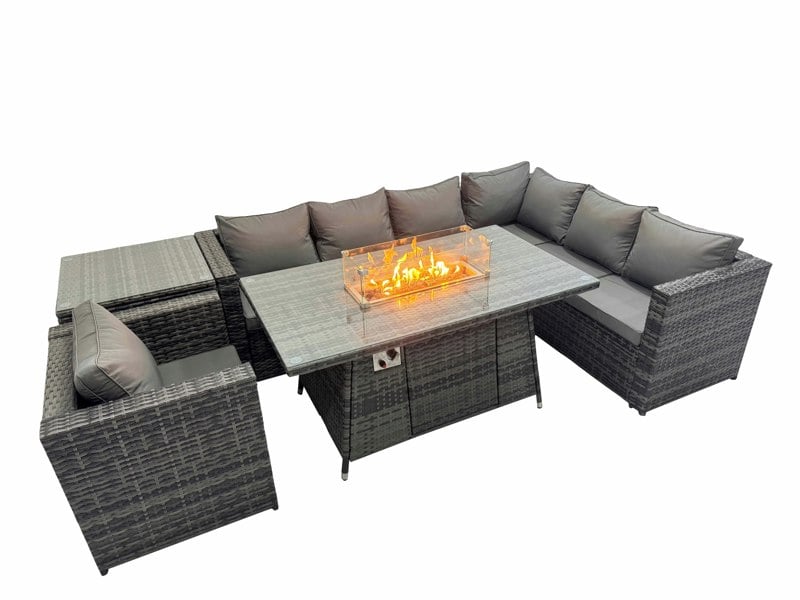Fimous Garden Rattan Furniture Set 7 Seater Outdoor Corner Sofa Chair Gas Fire Pit Dining Table Set with Side Table Dark Grey
