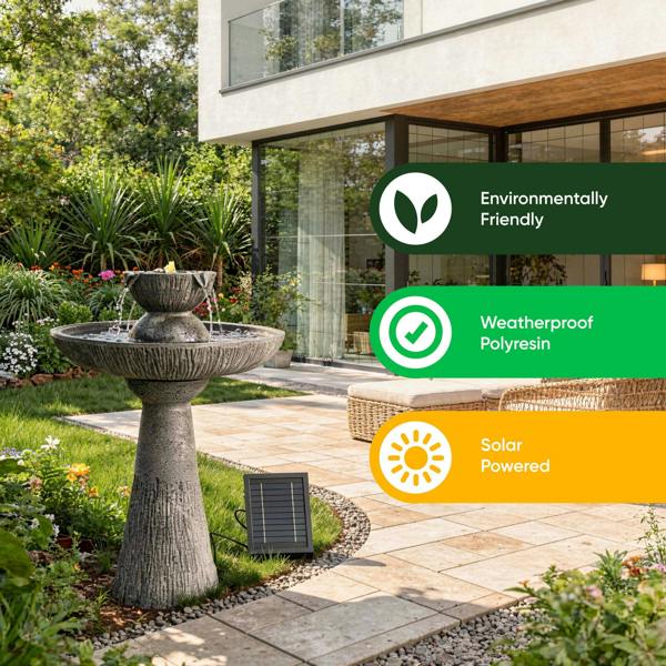 Gardenwize Solar Bird Bath – 2 Tier Bird Bath Fountain with LED Lights & Battery Backup