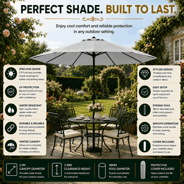 GlamHaus Garden Parasol Table Umbrella 2.7M with Crank Handle, UV40 Protection, Free Protection Cover, Robust Steel - Light Grey