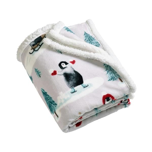 Catherine Lansfield Christmas Sherpa Penguins Cosy Blanket Throw Natural
