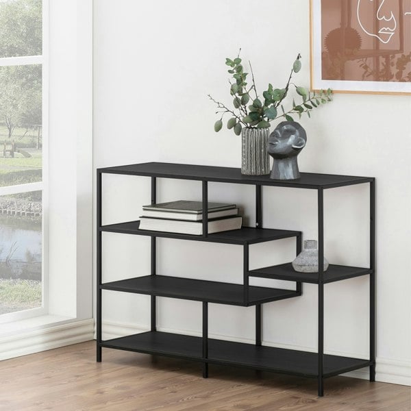 Furniture To Go Seaford Wide Black Metal Bookcase with 4 Black Oak Shelves