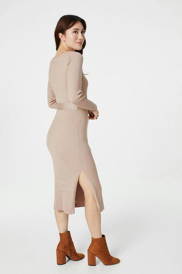 Beige | Long Sleeve Knit Bodycon Midi Dress