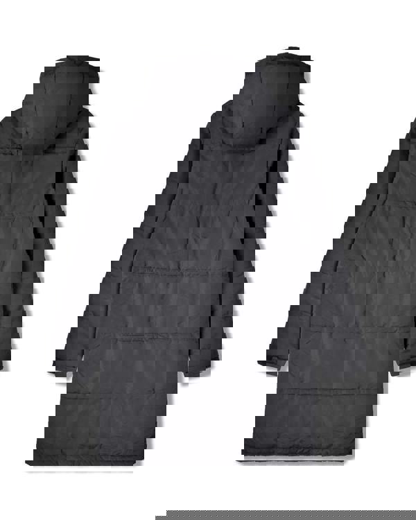 Lambretta Mens Padded Hooded Classic Badge Parka, back view of a long black padded winter coat with hood and horizontal quilting.