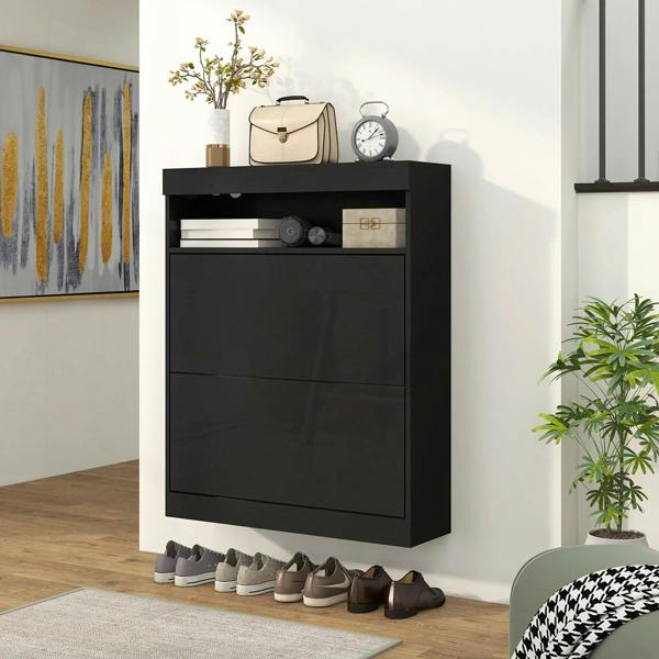 High-gloss black shoe storage cabinet with flip doors closed and top shelf
