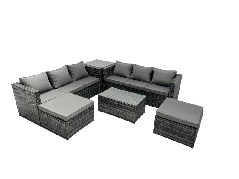 Fimous Rattan Garden Furniture Dining Set 8 seater Patio Coffee Table Sofa Set with Side Table 2 Big Footstools Dark Grey Mixed