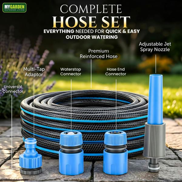 My Garden Outdoor Living Hose Pipe Anti Kink Hosepipe Inc 4 Connectors - 11.3mm Dia - Durable Triple Layer Water Hose with Spray Nozzle