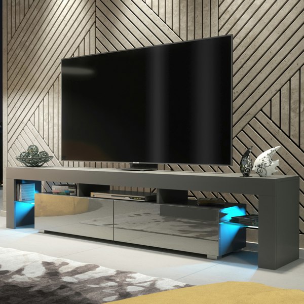 Mex Furniture Sleek 200cm Modern  TV Unit Grey Cabinet Stand High Gloss Doors with Free LED Lights