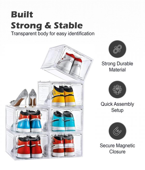 ADOV Shoe Storage Box 6 Pcs, Transparent Stackable Plastic Shoe Organiser Boxes with Lids
