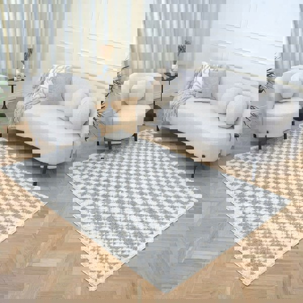 Moodi Shaggy Grey Rug, Tartan design, Underfloor heating | THE RUGS