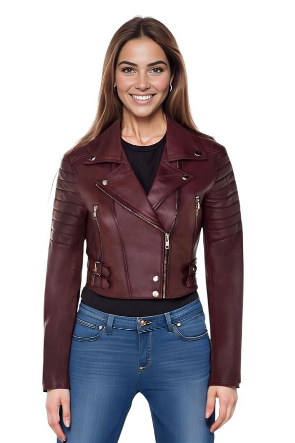 Infinity Leather Womens Cropped Brando Leather Biker Jacket-Damascus